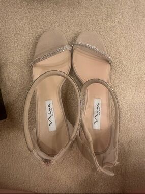 Nina Champagne Suede Block-Heel Slingbacks with Rhinestone Accent